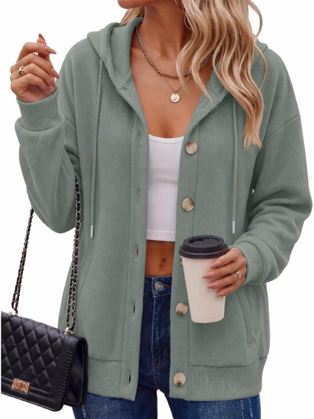 〽️Women's Gray Green Hoodie Sweatshirt Button Pocket Comfy Fleece Fashion Jacket